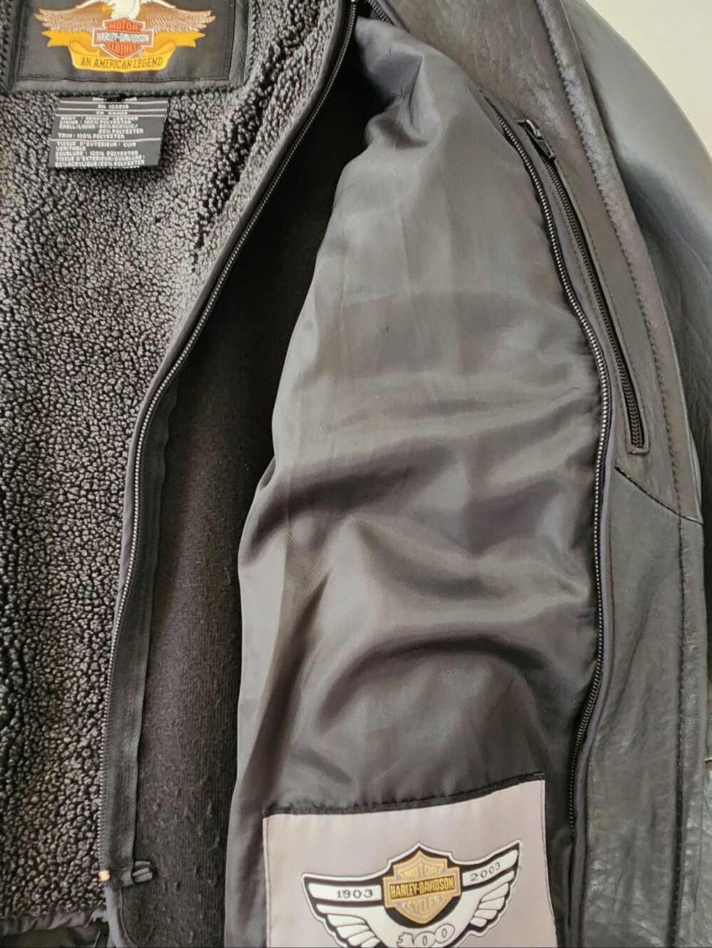 Vintage 100th Yr. Harley-Davidson Black/Grey Leather Bomber Jacket - Picture 6 of 8